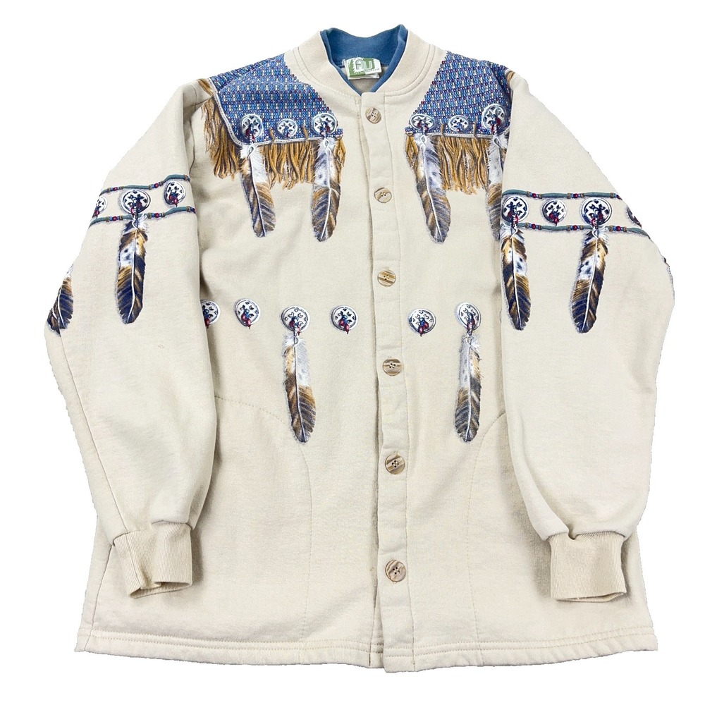 Vintage Art Unlimited Cardigan Sweater Men Medium Indian Native American Feather